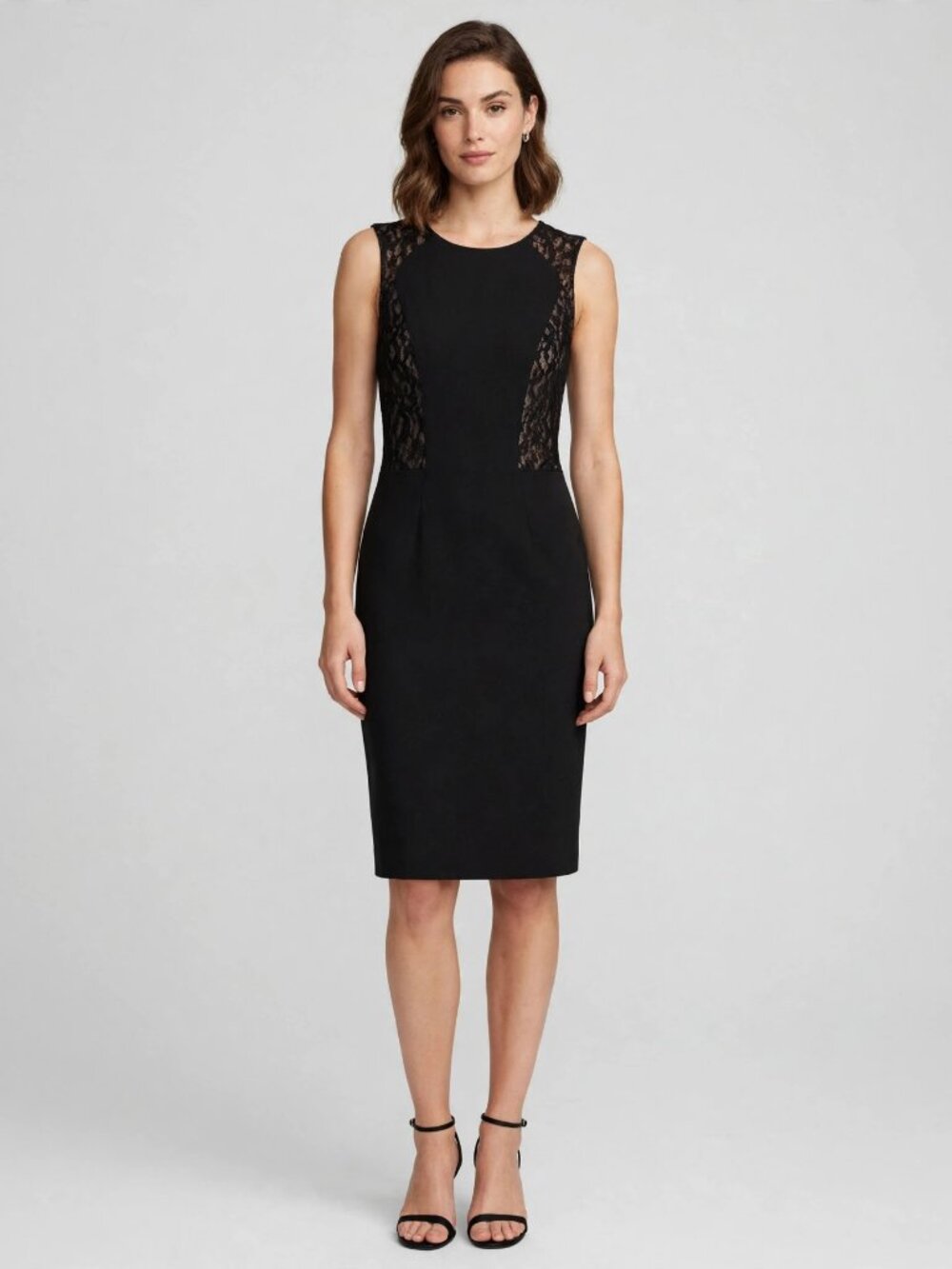 Ann Taylor Petite Black Lace Panel Sheath Dress 4P Sleeveless Career